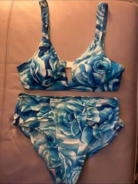 Blue Rose Print Bikini Set - Women Swim Bikini